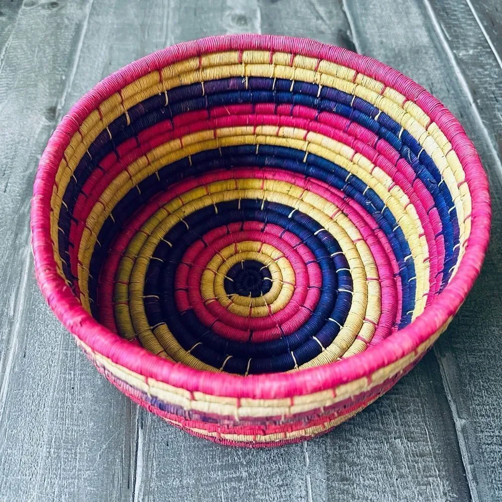 Bohemian Pink Hand Woven Straw Baskets Decor Bundle Lot